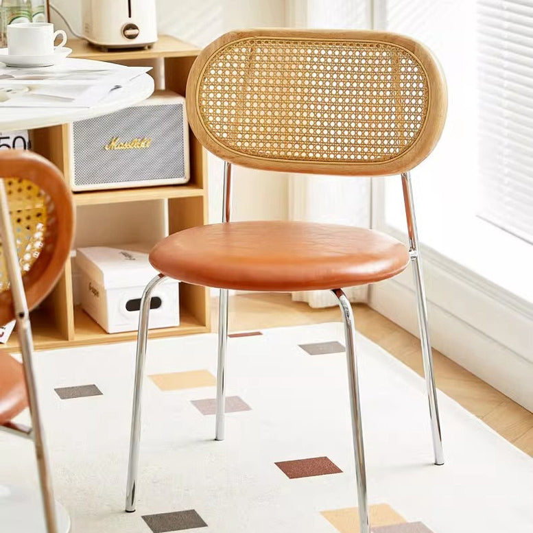 Contemporary Vintage Round Rectangular Solid Wood Metal Genuine Leather Dining Chair Backrest For Dining Room