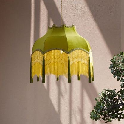 French Vintage Fabric Tassel Lampshade Brass 1-Light Pendant Light
