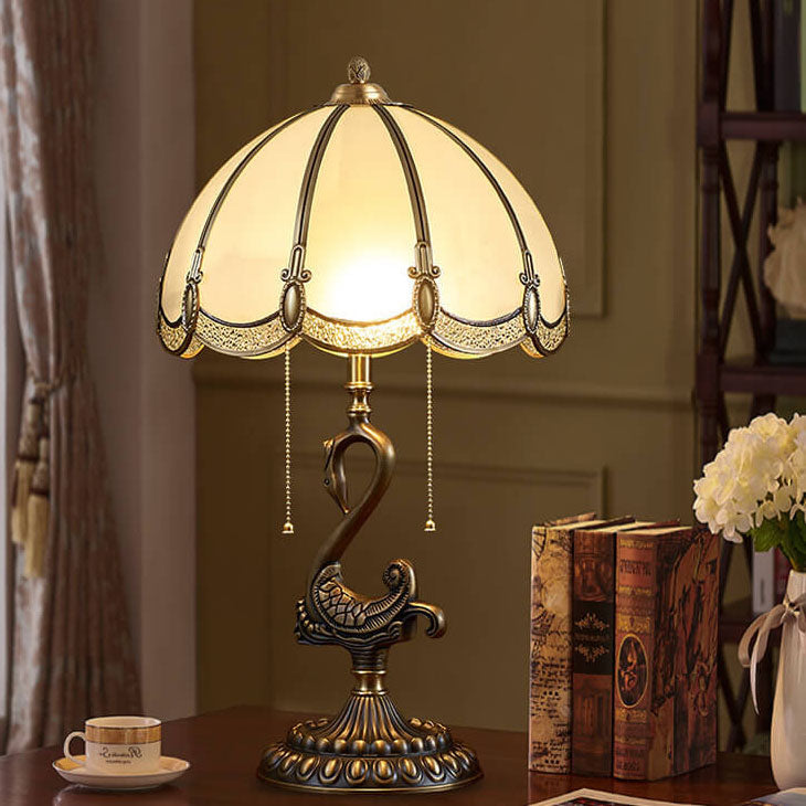 European Luxury Stained Glass Swan Base Copper 2-Light Table Lamp