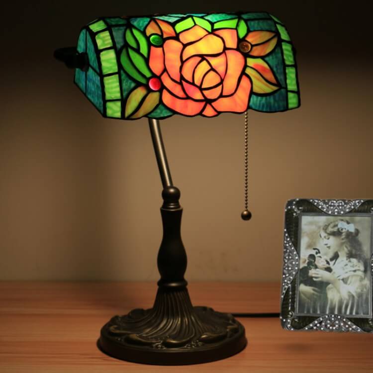 Tiffany Vintage Blooming Flowers Stained Glass 1-Light Bank Table Lamp