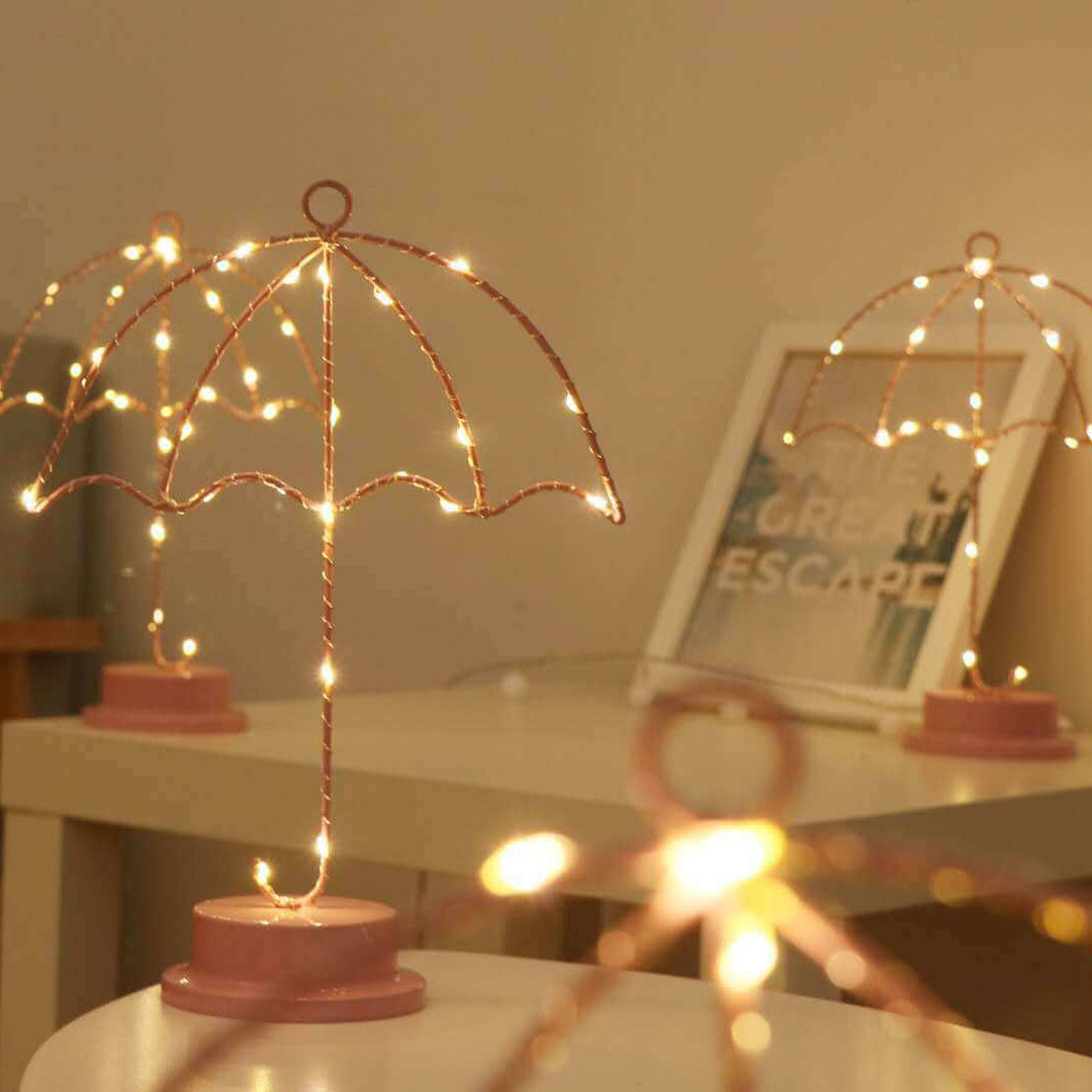 Creative Umbrella Pink Iron LED Decorative Battery USB Night Light Table Lamp