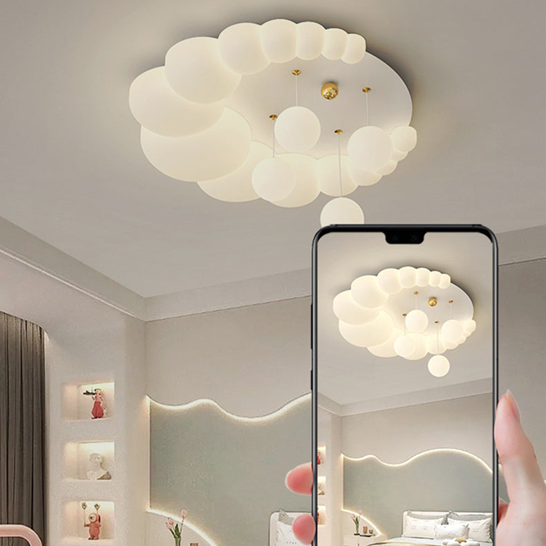 Modern Art Deco Oval Cream Bubble Flower Moon PE Iron LED Flush Mount Ceiling Light For Living Room