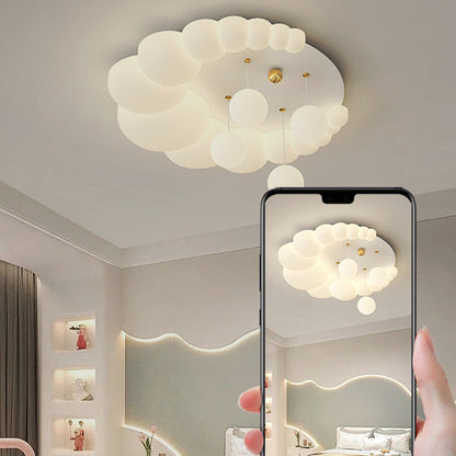 Modern Art Deco Oval Cream Bubble Flower Moon PE Iron LED Flush Mount Ceiling Light For Living Room