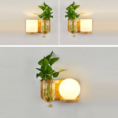 Modern Minimalist Rectangular Cylinder Orb Glass Wood 1-Light Wall Sconce Lamp For Living Room