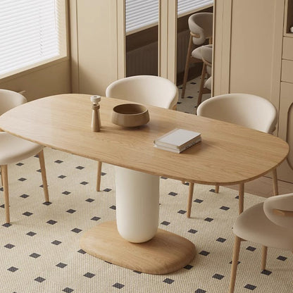 Traditional Japanese Elliptical Ash Wood Oaken Faux Leather Dining Table & Chair Set For 4/6 Seats