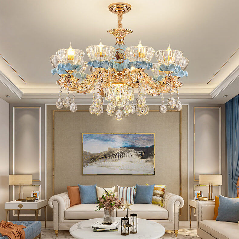 Traditional European Flower Candelabra Zinc Alloy Crystal Glass Ceramic 6/8/10/12 Light Chandelier For Living Room