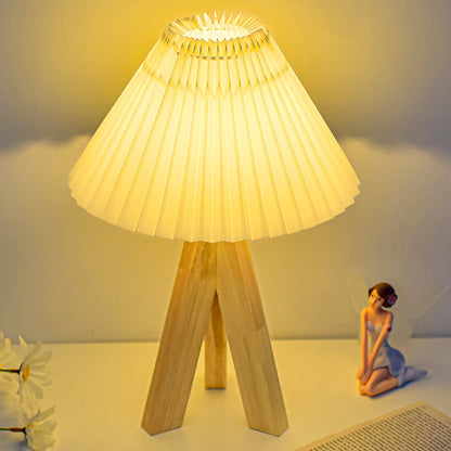 Contemporary Boho Round Cone Tripod Base Fabric Solid Wood LED Table Lamp for Bedroom