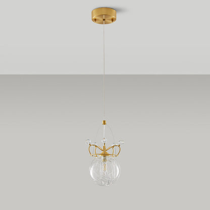 Modern Luxury Crown Orb All Brass Glass 1-Light Pendant Light For Bedroom