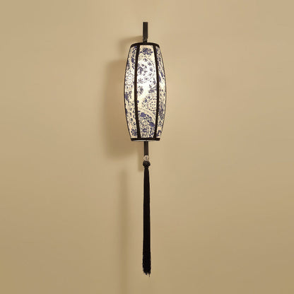 Chinese Vintage Painted Fabric Lantern Tassel 1-Light Wall Sconce Lamp