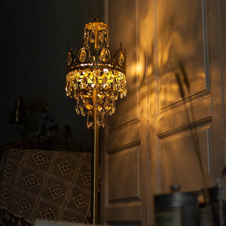 Traditional Luxury Copper Brass Crystal Crown Pendant 3-Light Standing Floor Lamp For Bedroom