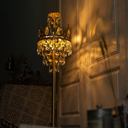 Traditional Luxury Copper Brass Crystal Crown Pendant 3-Light Standing Floor Lamp For Bedroom