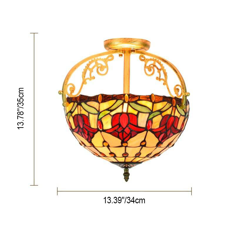 European Tiffany Red Tulip Stained Glass 2-Light Semi-Flush Mount Ceiling Light