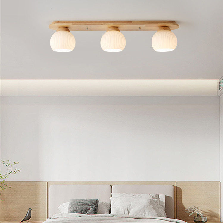 Japanese Vintage Striped Glass Wood Long Plate 2/3 Light Flush Mount Ceiling Light