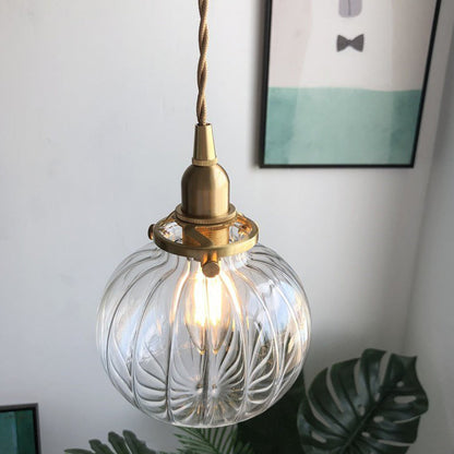 Traditional Japanese Brass Glass Pumpkin Shade 1-Light Pendant Light For Living Room