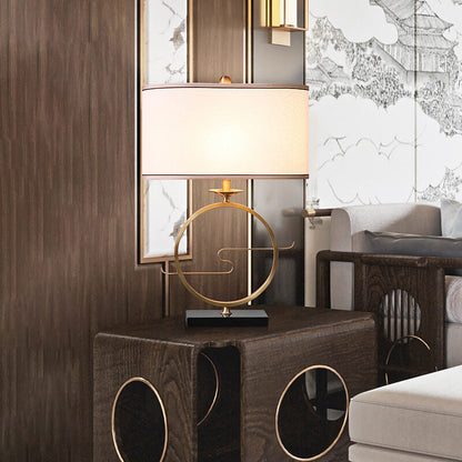 Modern Chinese Brass Ring Base Fabric 1-Light Table Lamp