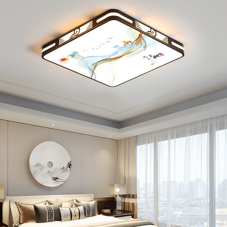 Traditional Chinese Iron Acrylic Round Square Rectangular Landscape Painting LED Flush Mount Ceiling Light For Living Room