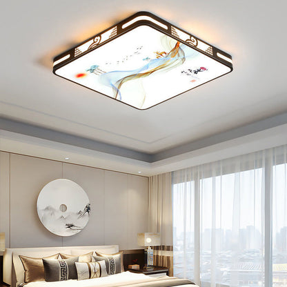 Traditional Chinese Iron Acrylic Round Square Rectangular Landscape Painting LED Flush Mount Ceiling Light For Living Room