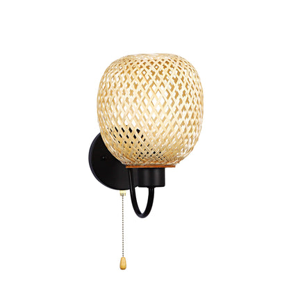 Traditional Chinese Iron Bamboo Woven Cage 1-Light Wall Sconce Lamp For Living Room