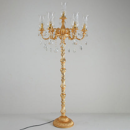 European Luxury Golden Crystal Zinc Alloy Candle Holder 7-Light Standing Floor Lamp