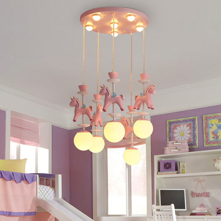 Modern Art Deco Kids Iron Resin Glass Round Base Ball Horse 1/3/5 Light Flush Mount Ceiling Light For Bedroom