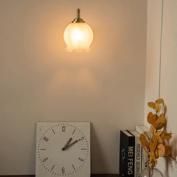 Traditional French Vintage Ceramic Glass Flower Shade Wood Base 1-Light Wall Sconce For Living Room