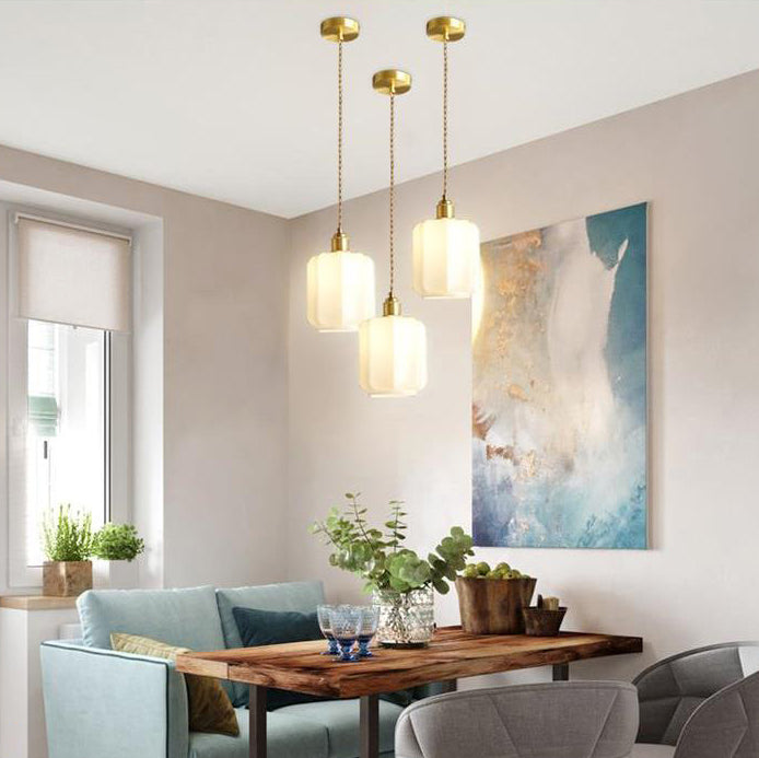 Traditional Vintage Cylindrical Brass Glass 1-Light Pendant Light For Bedroom