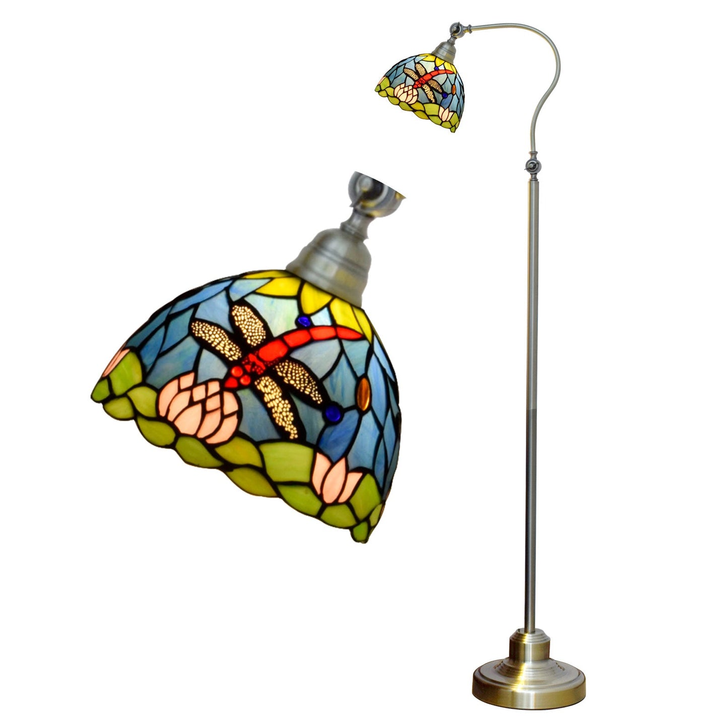 Traditional Tiffany Iron Glss Dome Round Dragonfly 1-Light Standing Floor Lamp For Bedside