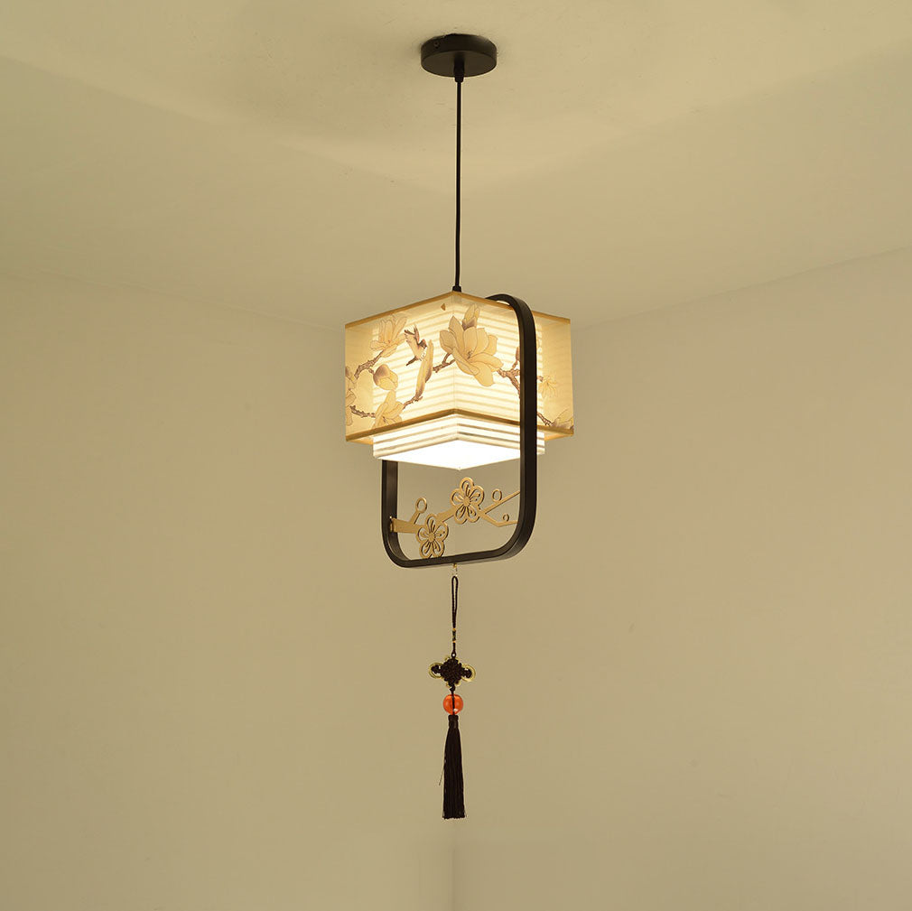 Modern Chinese Fabric Square Magnolia 1-Light Semi-Flush Mount Ceiling Light