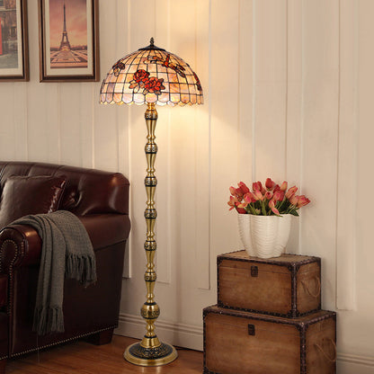 Traditional Tiffany Brass Shell Dome Rose Dragonfly 3-Light Standing Floor Lamp For Living Room