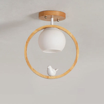 Modern Japanese Minimalist Log Bird Round 1-Light Semi-Flush Mount Ceiling Light