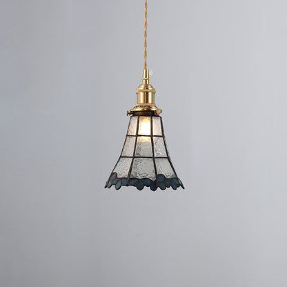 Japanese Vintage Brass Stained Glass Cone 1-Light Pendant Light