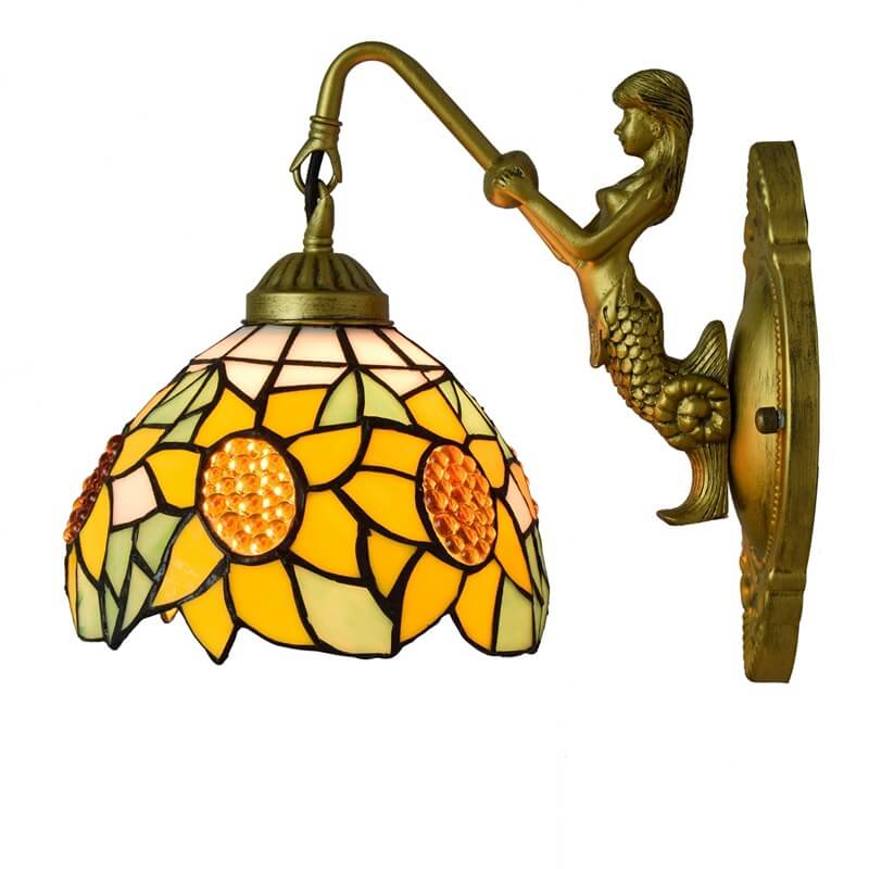 مصباح حائطي من الزجاج الملون بتصميم عباد الشمس من تيفاني بتصميم أوروبي عتيق مزود بإضاءة واحدة 