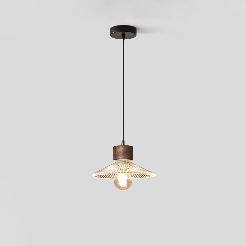 Traditional Chinese Iron Walnut Glass Conic Umbrella-Shaped 1-Light Pendant Light For Dining Room