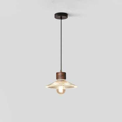 Traditional Chinese Iron Walnut Glass Conic Umbrella-Shaped 1-Light Pendant Light For Dining Room