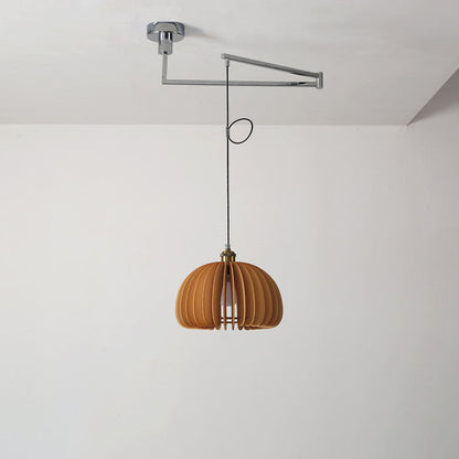 Traditional Vintage Wooden Pumpkin Shade Rocker Arm Telescopic 1-Light Pendant Light For Dining Room