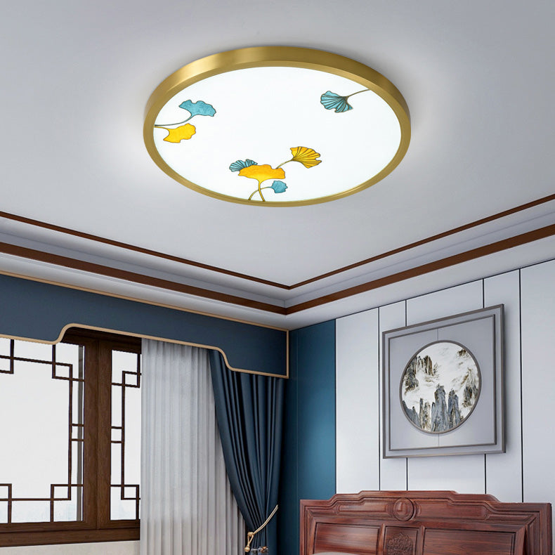 Traditional Chinese Copper Acrylic Round Lotus Bamboo Ginkgo Leaves LED Flush Mount Ceiling Light For Living Room