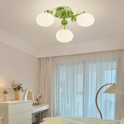 Nordic Cream Pumpkin Round Shade Branch 3-Light Semi-Flush Mount Ceiling Light