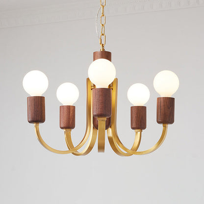 Contemporary Vintage Curved Rod Cylinder Candlestick Shape Copper Wood 3/4/5 Light Chandelier For Living Room