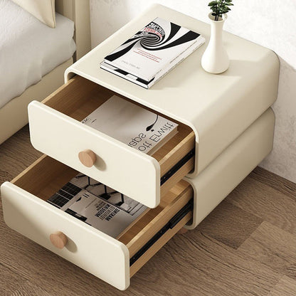Contemporary Scandinavian Square Tabletop Solid Wood Faux Leather Stainless Steel Nightstand 2-Drawer For Bedroom