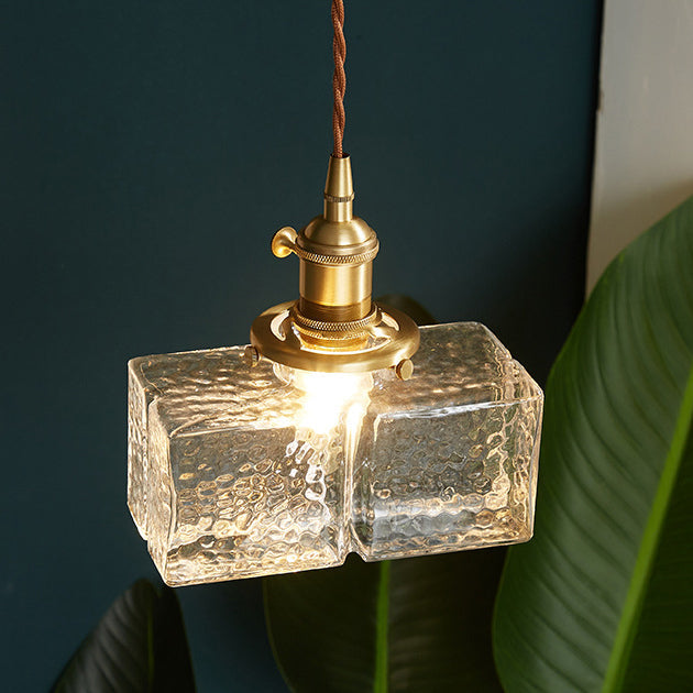 Contemporary Vintage Rectangular Square Draped Glass Brass 1-Light Pendant Light For Living Room