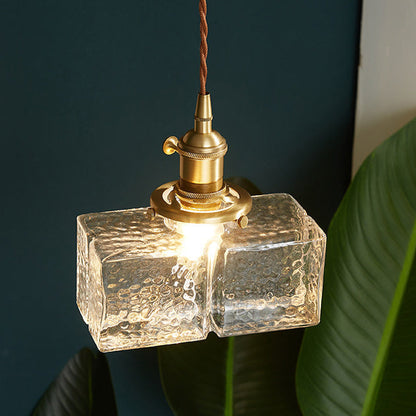 Contemporary Vintage Rectangular Square Draped Glass Brass 1-Light Pendant Light For Living Room