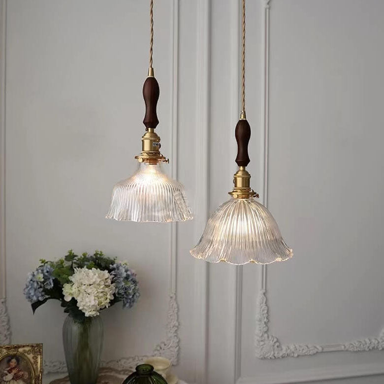 Nordic Modern Minimalist Flower Copper Walnut Glass 1-Light Pendant Light