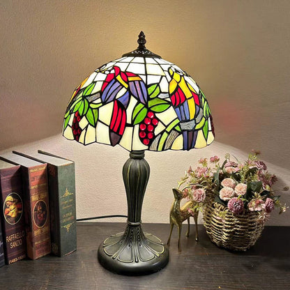 Traditional Tiffany Metal Glass Dome Grape Flower Dragonfly Butterfly 1-Light Table Lamp For Bedside
