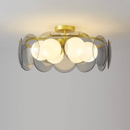 Modern Mid-Century Golden Finish Frame Glass Ball Shade 4/6-Light Semi-Flush Mount Ceiling Light For Living Room