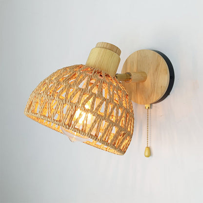Traditional Farmhouse Paper Rattan Weaving Hollow Out Dome 1-Light Wall Sconce Lamp For Bedroom