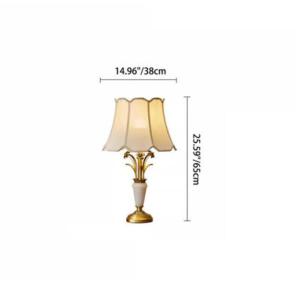 Contemporary Luxury Fabric Shade Jade All Copper Carved Base 1-Light Table Lamp For Home Office
