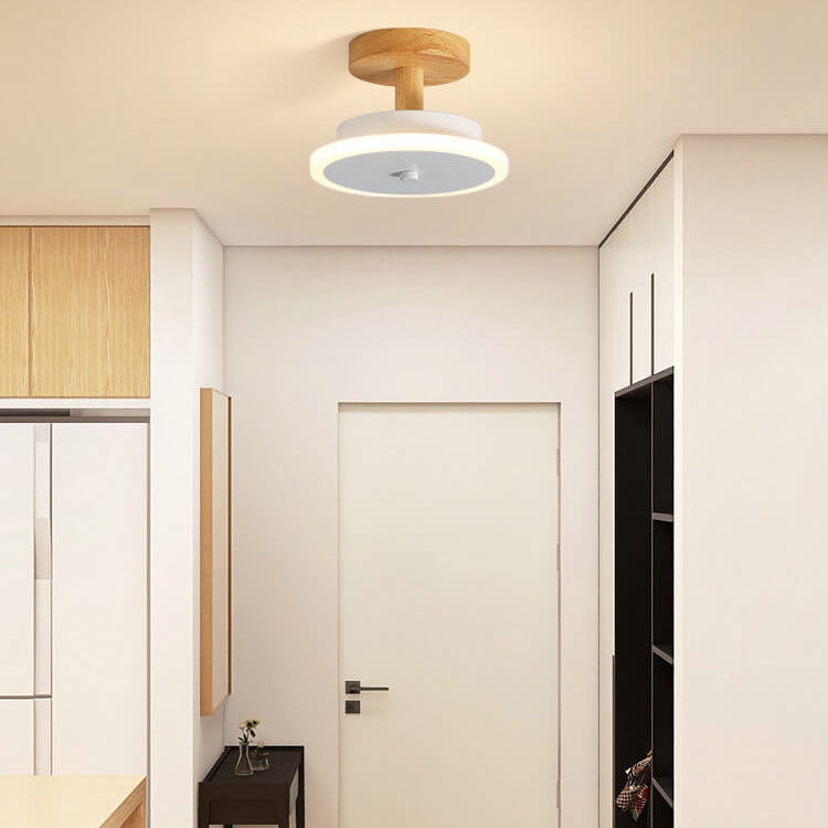 Nordic Flat Round Wood Base LED Semi-Flush Mount Ceiling Light