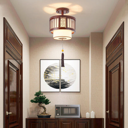 Traditional Chinese Solid Wooden Fabric Lantern Shade 1/3-Light Chandelier For Living Room