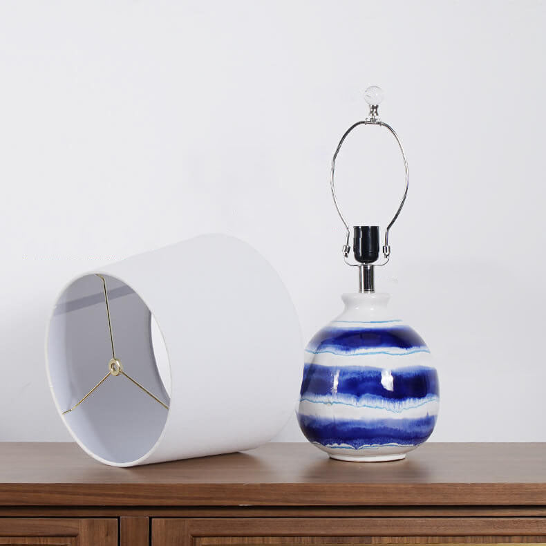 European Vintage White Cone Fabric Blue Ceramic 1-Light Table Lamp