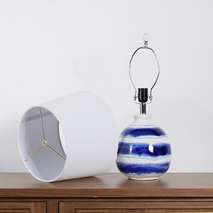 European Vintage White Cone Fabric Blue Ceramic 1-Light Table Lamp